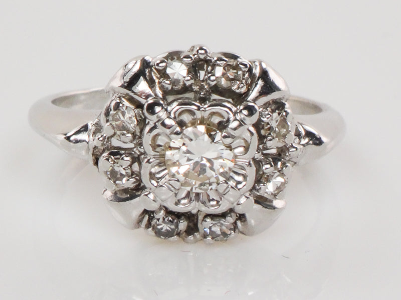 Vintage 14k White Gold Diamond Halo Engagement Ring, 1/3 Carat TDW Cluster Style, Size 5.75