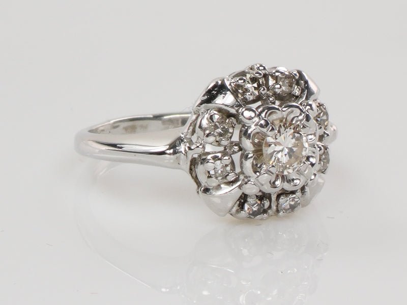 Vintage 14k White Gold Diamond Halo Engagement Ring, 1/3 Carat TDW Cluster Style, Size 5.75