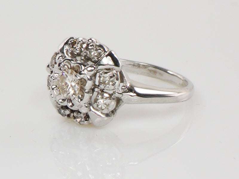 Vintage 14k White Gold Diamond Halo Engagement Ring, 1/3 Carat TDW Cluster Style, Size 5.75