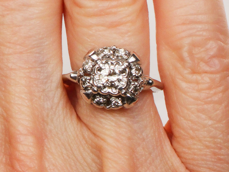 Vintage 14k White Gold Diamond Halo Engagement Ring, 1/3 Carat TDW Cluster Style, Size 5.75