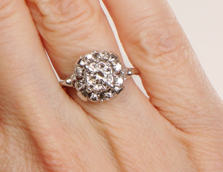 Vintage 14k White Gold Diamond Halo Engagement Ring, 1/3 Carat TDW Cluster Style, Size 5.75