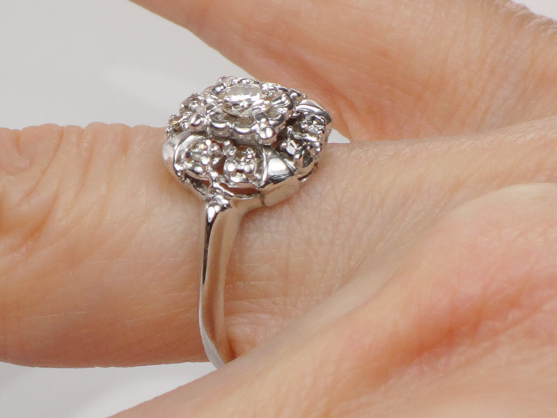 Vintage 14k White Gold Diamond Halo Engagement Ring, 1/3 Carat TDW Cluster Style, Size 5.75