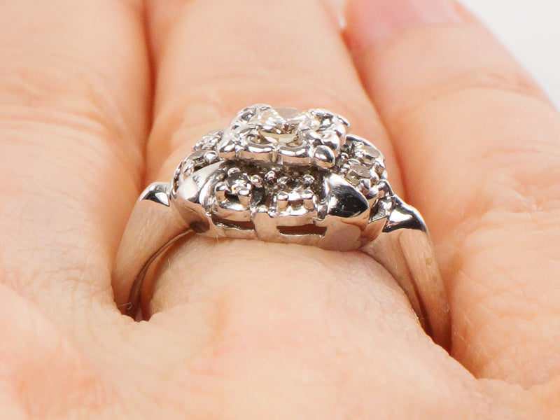Vintage 14k White Gold Diamond Halo Engagement Ring, 1/3 Carat TDW Cluster Style, Size 5.75