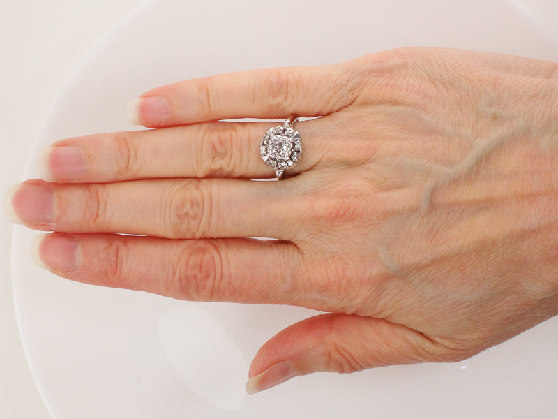 Vintage 14k White Gold Diamond Halo Engagement Ring, 1/3 Carat TDW Cluster Style, Size 5.75