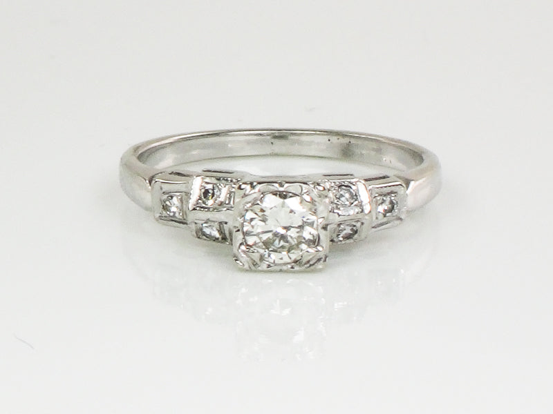 Vintage Art Deco Style 14k White Gold Transitional European Cut Diamond Engagement Ring, Size 5.75