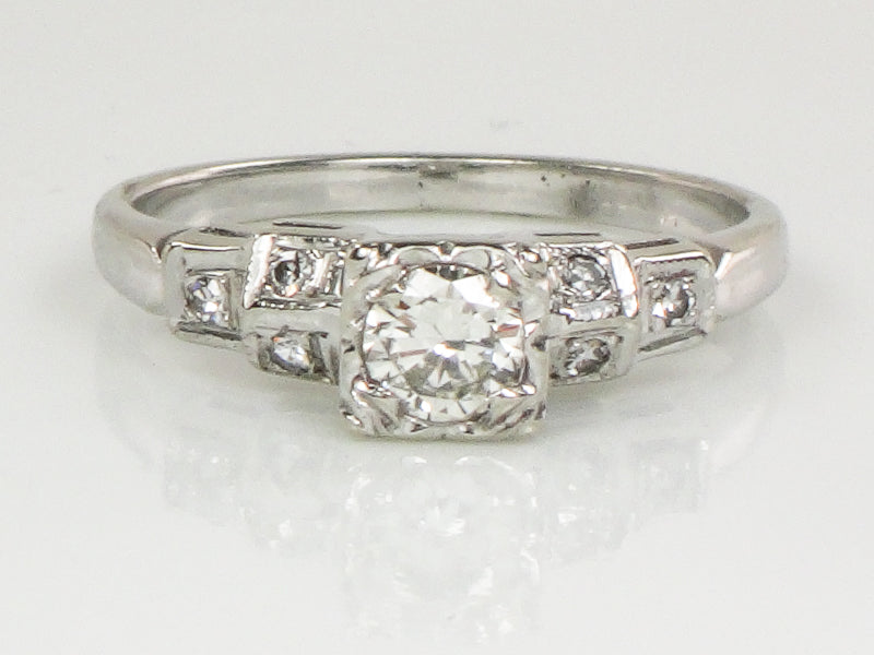 Vintage Art Deco Style 14k White Gold Transitional European Cut Diamond Engagement Ring, Size 5.75