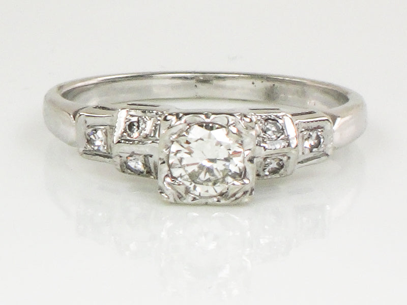 Vintage Art Deco Style 14k White Gold Transitional European Cut Diamond Engagement Ring, Size 5.75