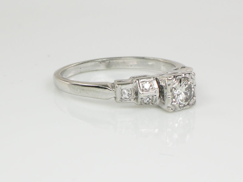Vintage Art Deco Style 14k White Gold Transitional European Cut Diamond Engagement Ring, Size 5.75