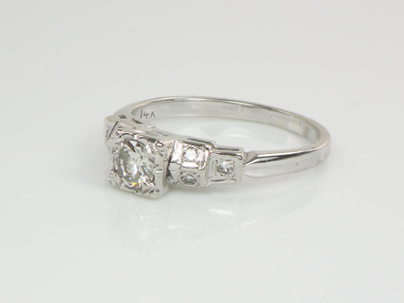 Vintage Art Deco Style 14k White Gold Transitional European Cut Diamond Engagement Ring, Size 5.75