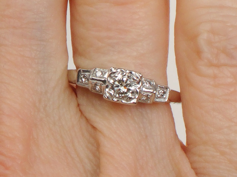 Vintage Art Deco Style 14k White Gold Transitional European Cut Diamond Engagement Ring, Size 5.75