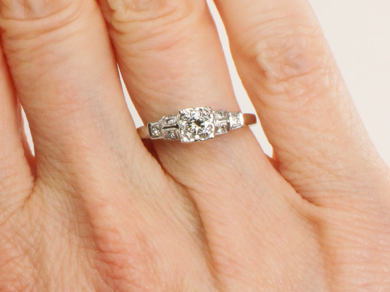 Vintage Art Deco Style 14k White Gold Transitional European Cut Diamond Engagement Ring, Size 5.75