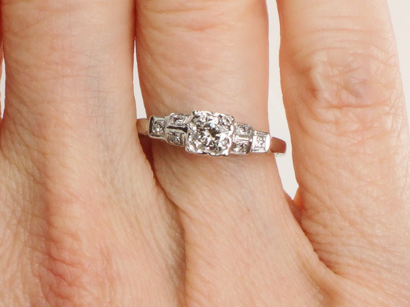 Vintage Art Deco Style 14k White Gold Transitional European Cut Diamond Engagement Ring, Size 5.75