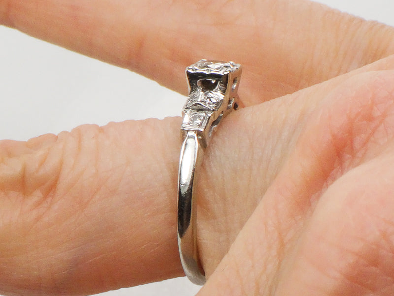 Vintage Art Deco Style 14k White Gold Transitional European Cut Diamond Engagement Ring, Size 5.75
