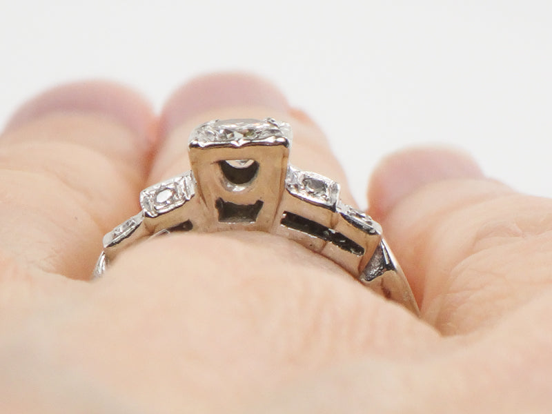 Vintage Art Deco Style 14k White Gold Transitional European Cut Diamond Engagement Ring, Size 5.75