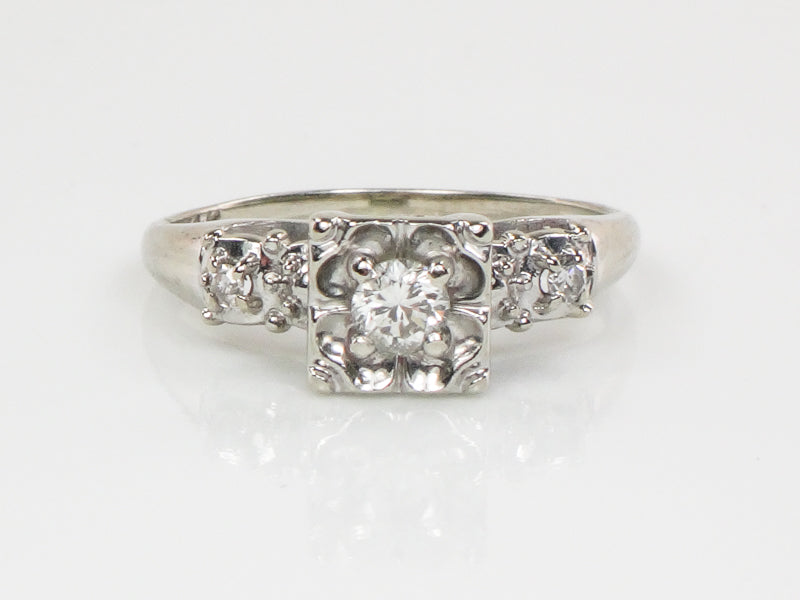 Vintage 14k White Gold Round Diamond Engagement Ring: Circa 1950's, Size 5