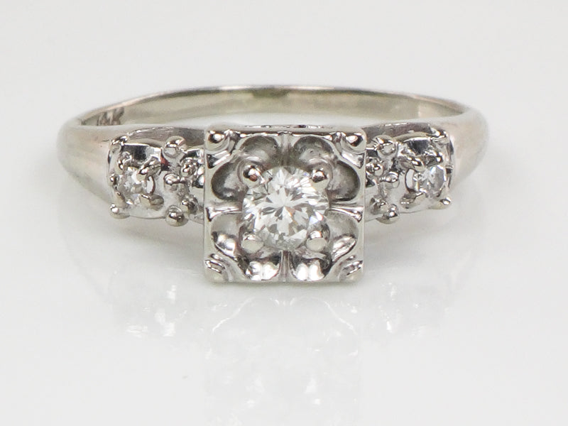 Vintage 14k White Gold Round Diamond Engagement Ring: Circa 1950's, Size 5
