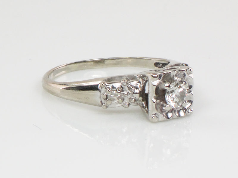 Vintage 14k White Gold Round Diamond Engagement Ring: Circa 1950's, Size 5