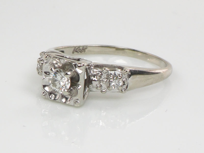 Vintage 14k White Gold Round Diamond Engagement Ring: Circa 1950's, Size 5
