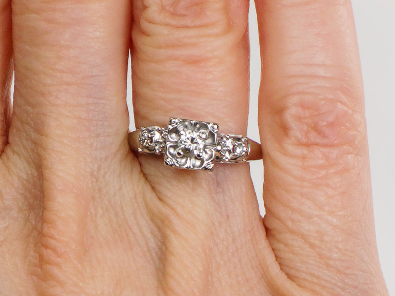 Vintage 14k White Gold Round Diamond Engagement Ring: Circa 1950's, Size 5
