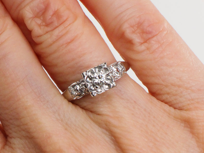 Vintage 14k White Gold Round Diamond Engagement Ring: Circa 1950's, Size 5
