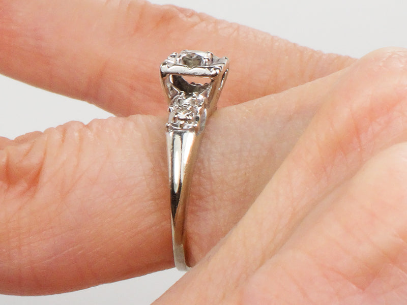 Vintage 14k White Gold Round Diamond Engagement Ring: Circa 1950's, Size 5