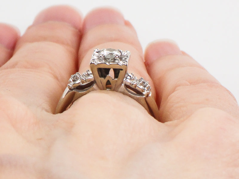 Vintage 14k White Gold Round Diamond Engagement Ring: Circa 1950's, Size 5