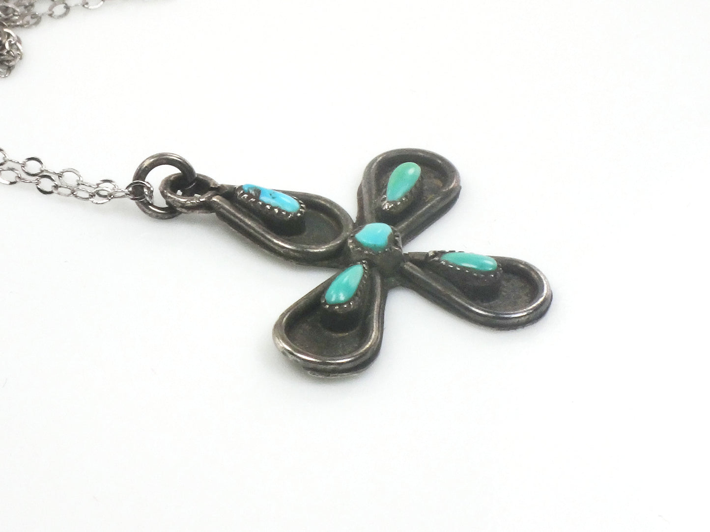 Vintage Long Sterling Silver Native American Style Turquoise Cross Necklace 25"