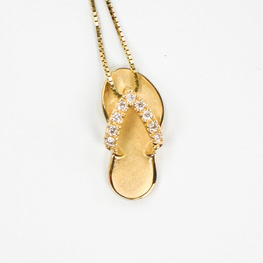 Na Hoku Hawaiin 14k Gold and Diamond Slipper Pendant Necklace, Yellow Gold Flip-Flop Sandal Charm 16", Pre-Owned