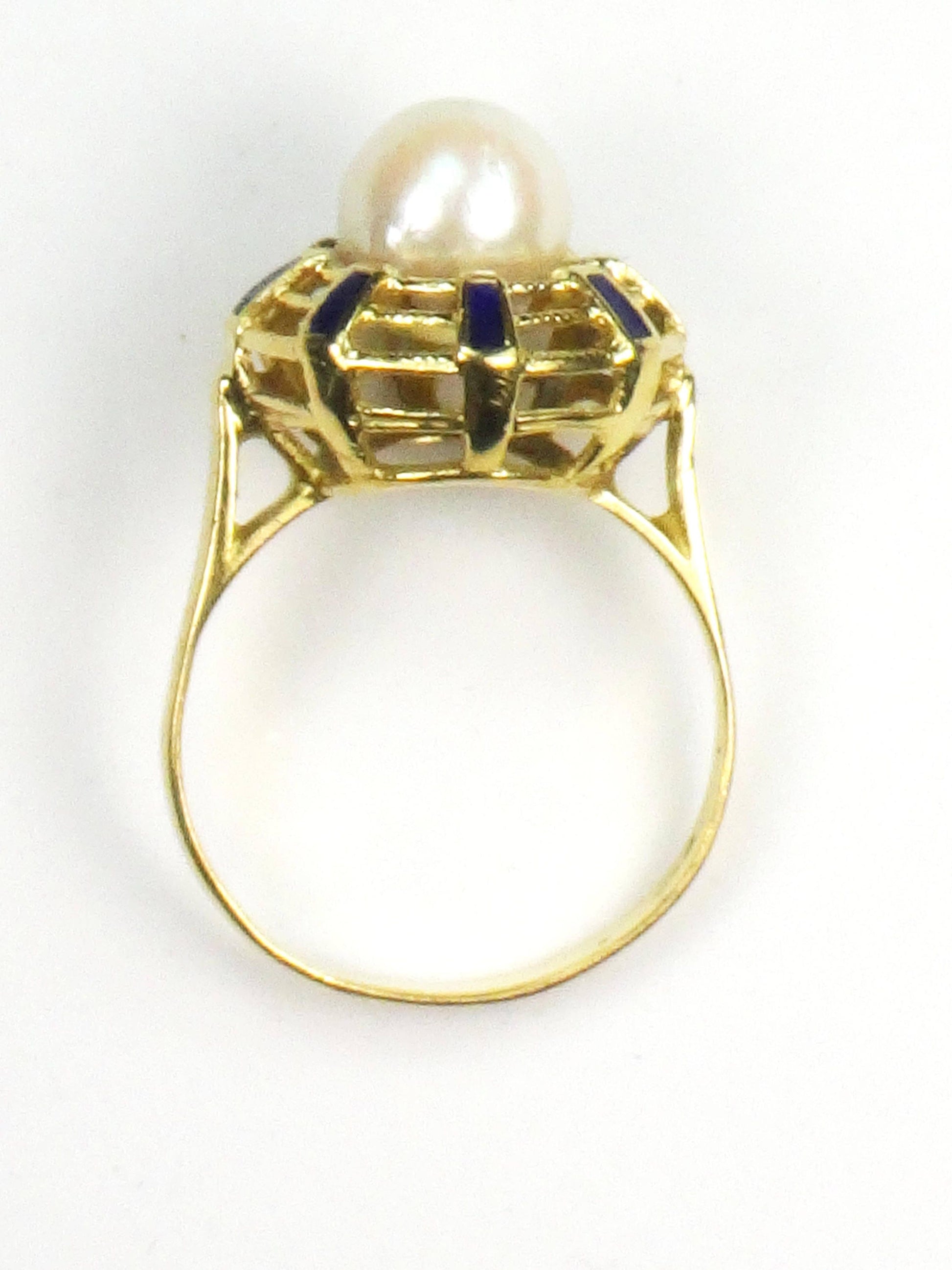 18k Yellow Gold Cultured Pearl and Blue Enamel Ring June Birthstone Ring