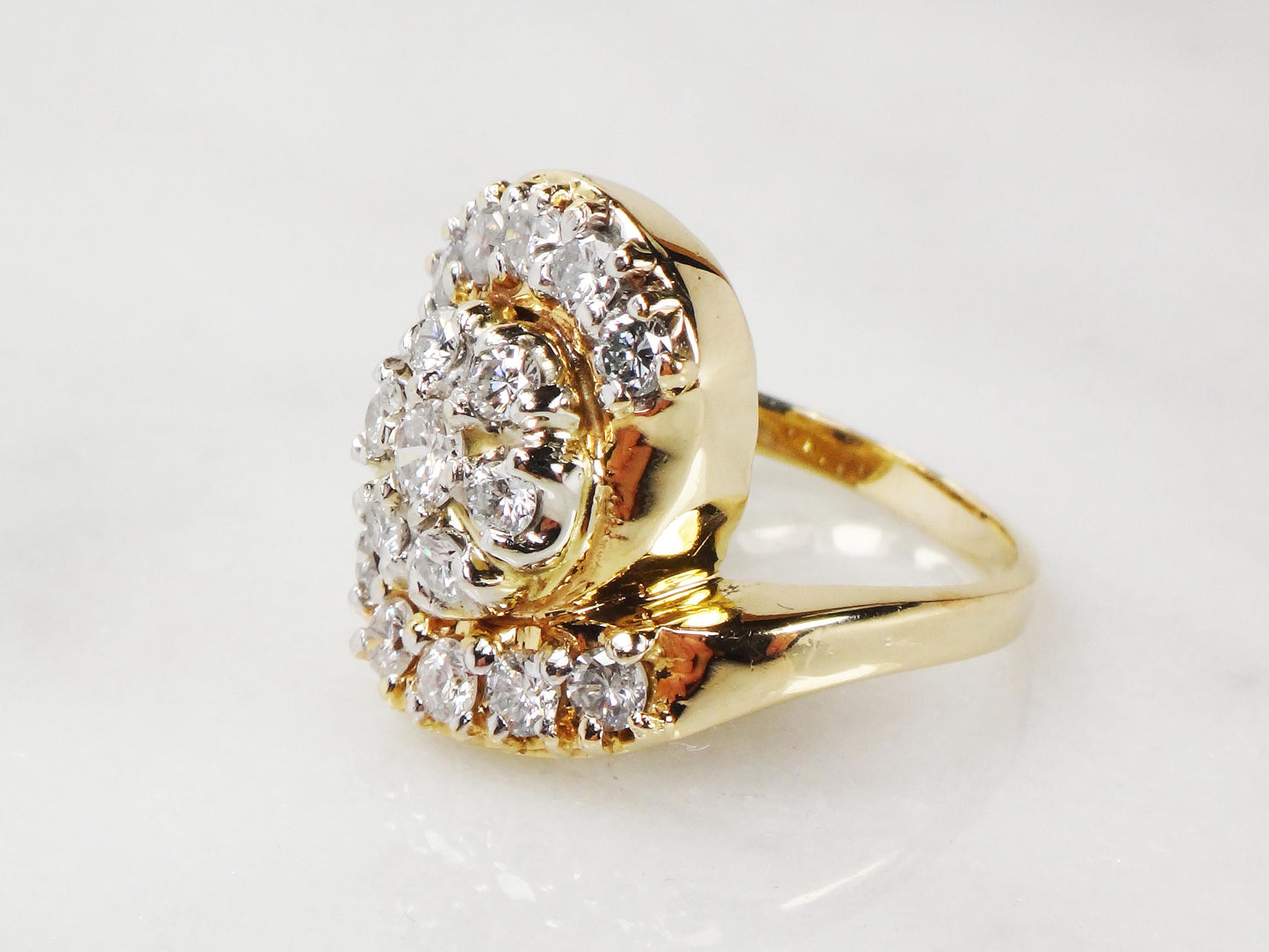 Vintage 14k Yellow Gold Diamond Cluster Ring: 1940s Floral Statement, .90 CT TDW