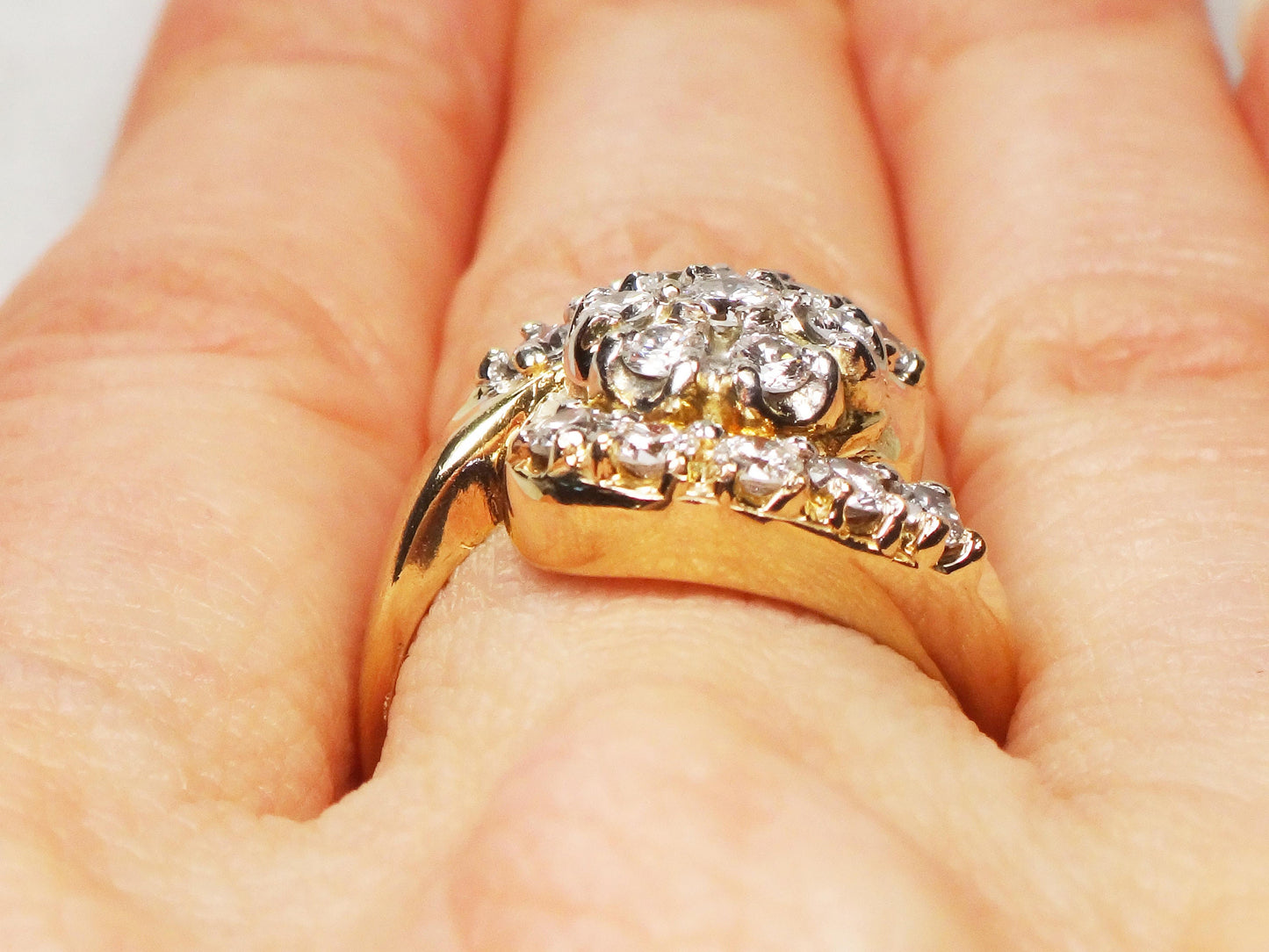 Vintage 14k Yellow Gold Diamond Cluster Ring: 1940s Floral Statement, .90 CT TDW