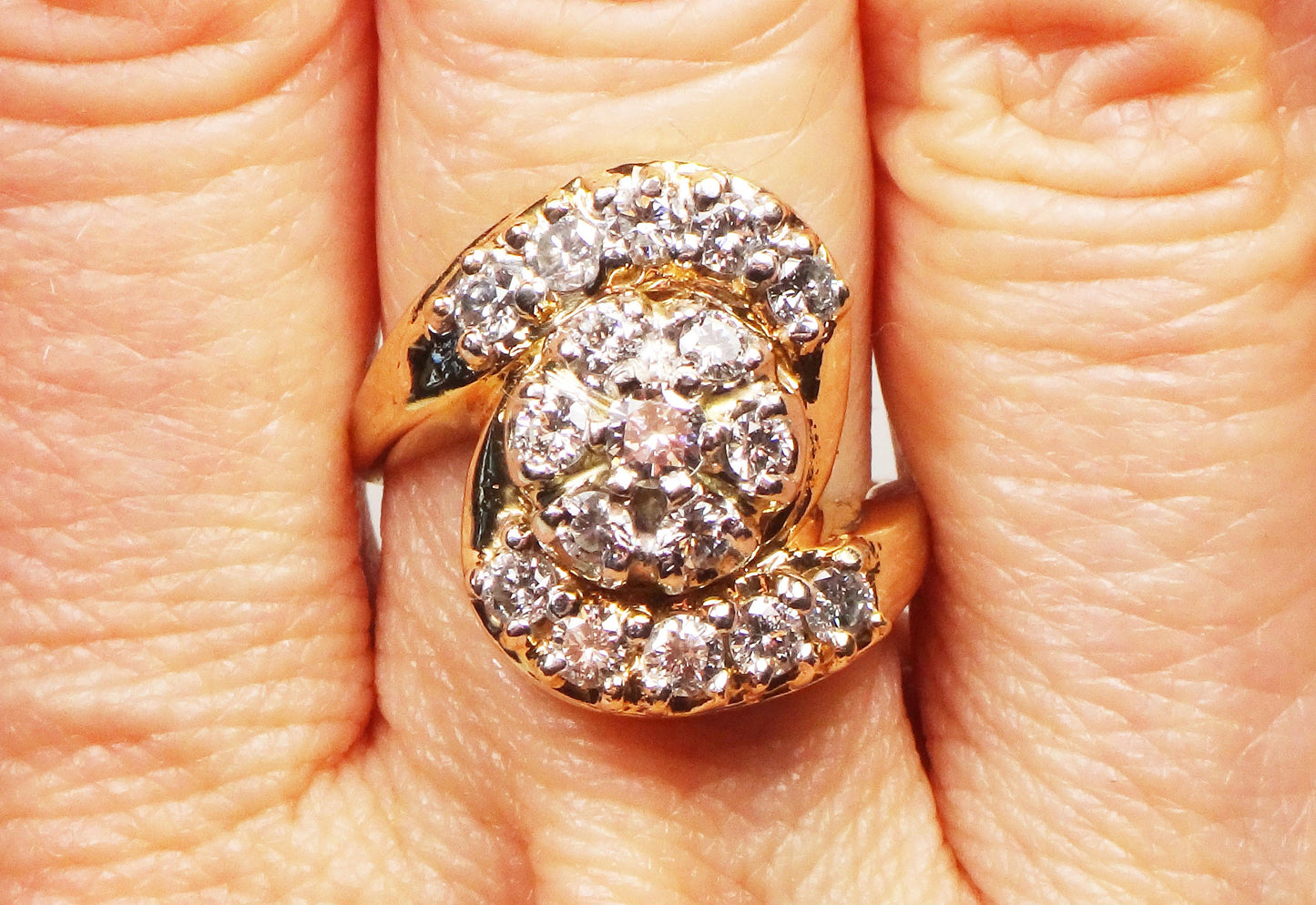 Vintage 14k Yellow Gold Diamond Cluster Ring: 1940s Floral Statement, .90 CT TDW