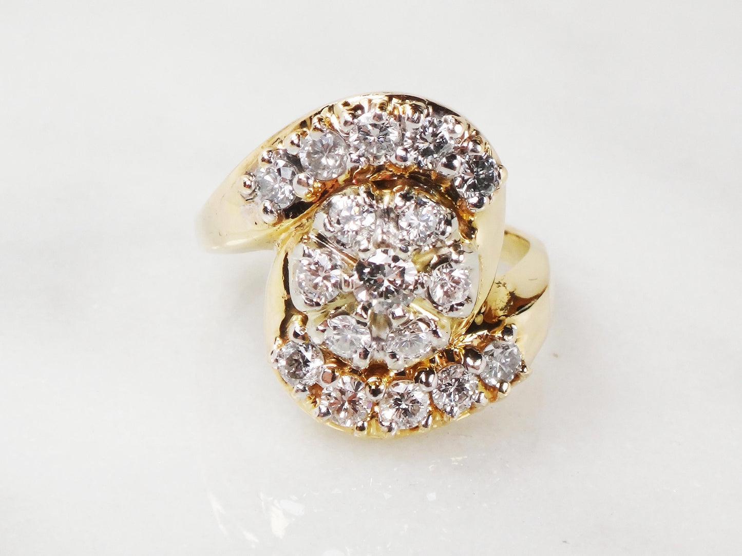 Vintage 14k Yellow Gold Diamond Cluster Ring: 1940s Floral Statement, .90 CT TDW