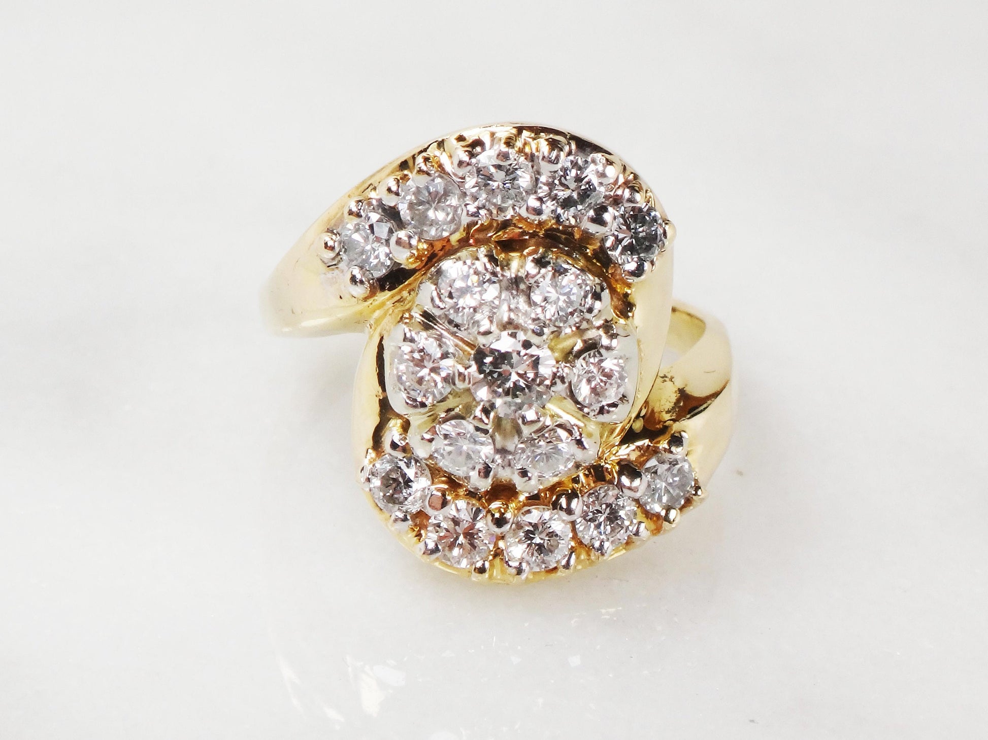 Vintage 14k Yellow Gold Diamond Cluster Ring: 1940s Floral Statement, .90 CT TDW