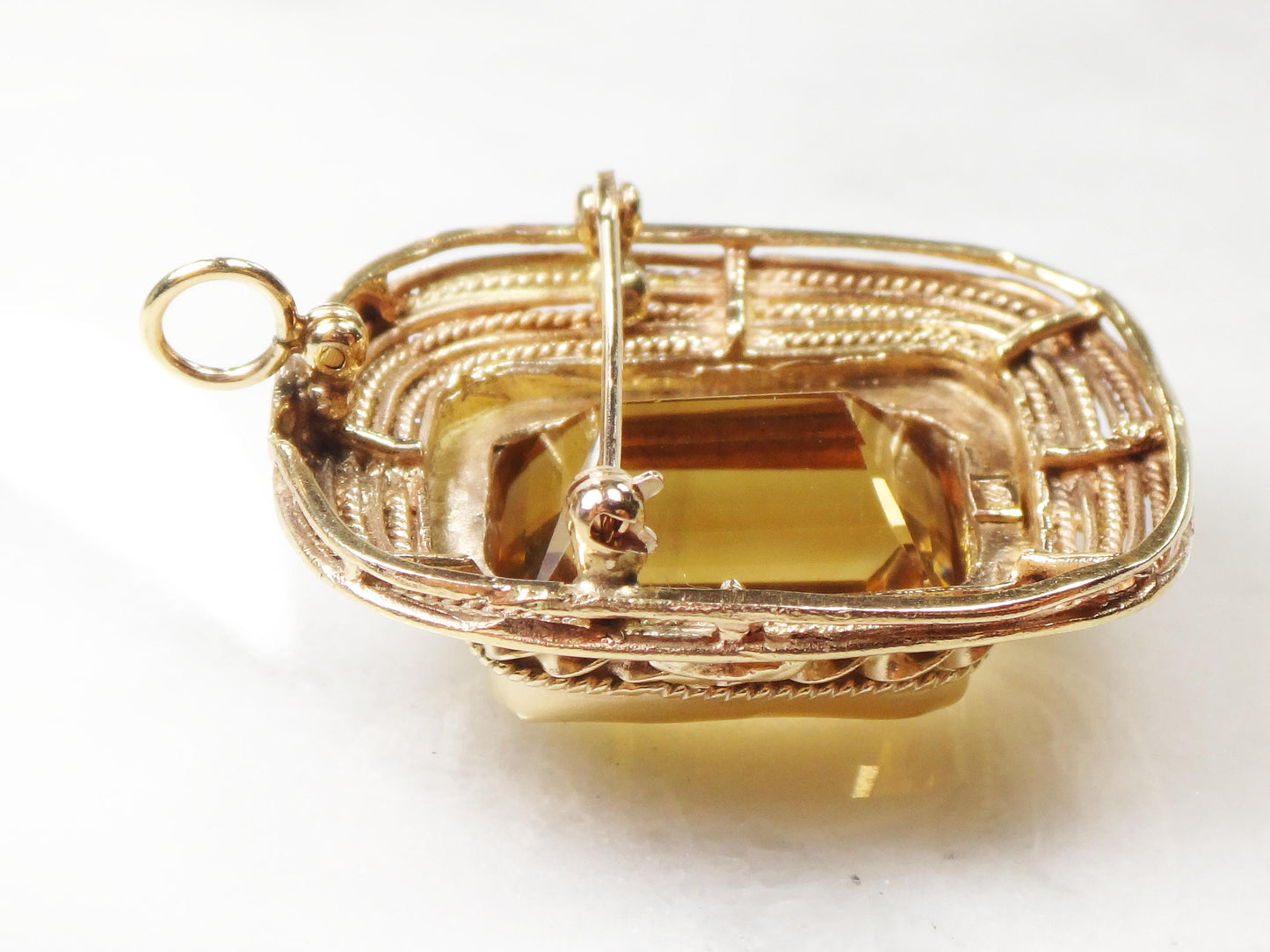 Vintage 14k Yellow Gold Large Rectangle Cut Natural Citrine Pendant Pin