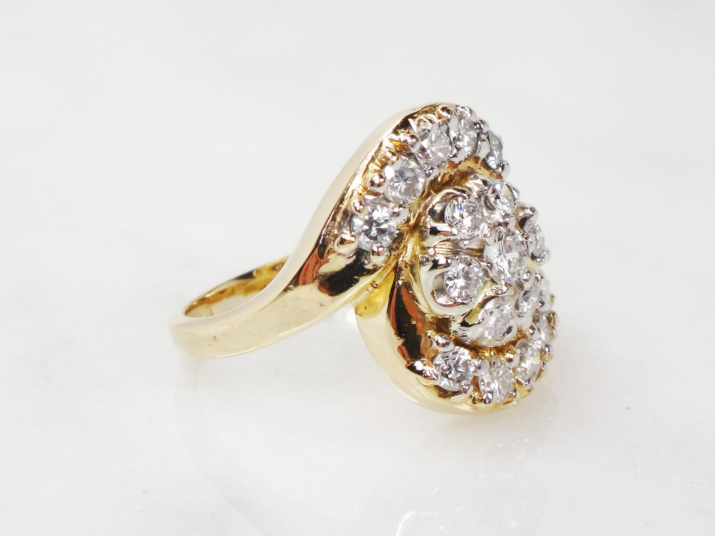 Vintage 14k Yellow Gold Diamond Cluster Ring: 1940s Floral Statement, .90 CT TDW