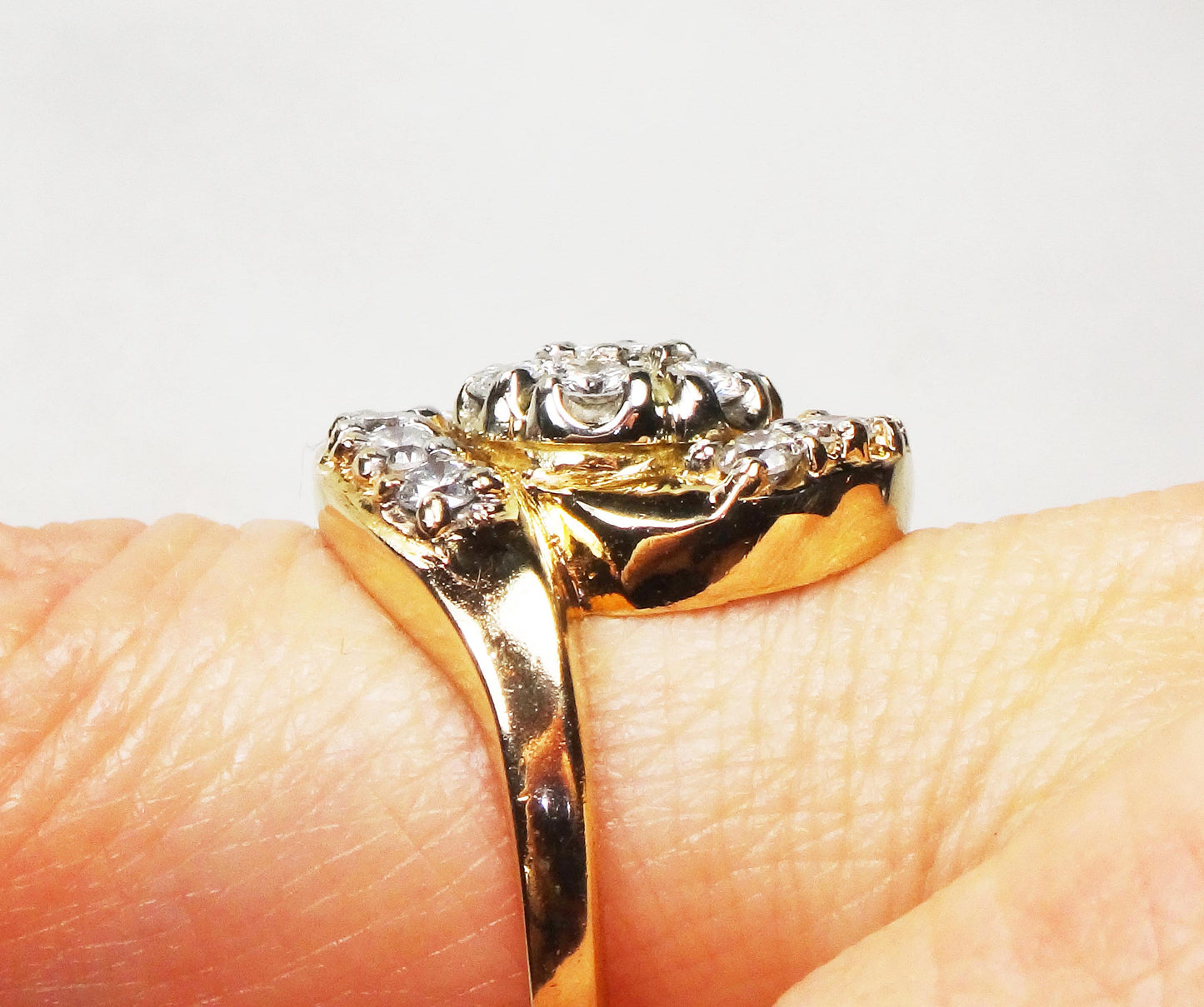 Vintage 14k Yellow Gold Diamond Cluster Ring: 1940s Floral Statement, .90 CT TDW
