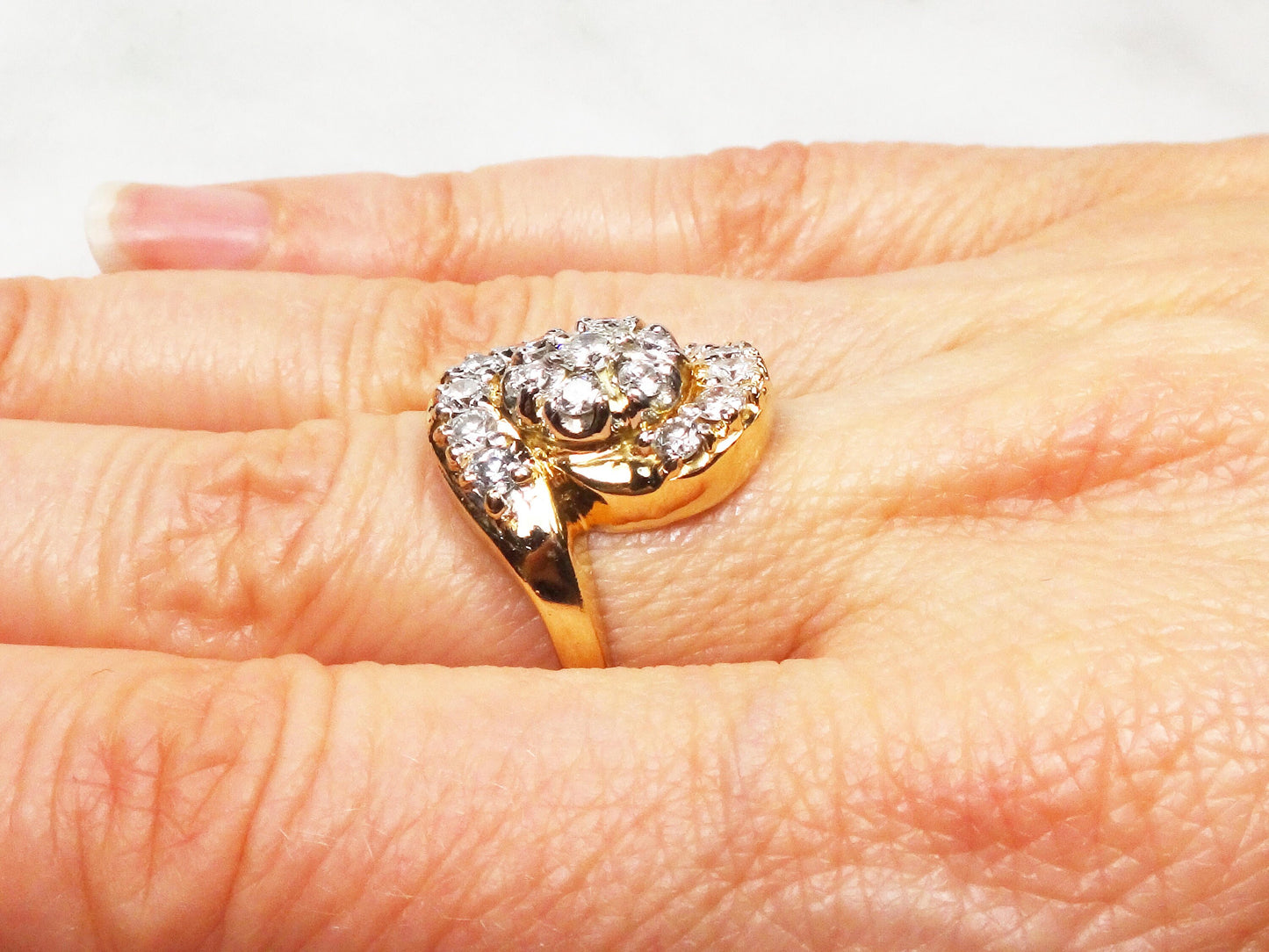 Vintage 14k Yellow Gold Diamond Cluster Ring: 1940s Floral Statement, .90 CT TDW