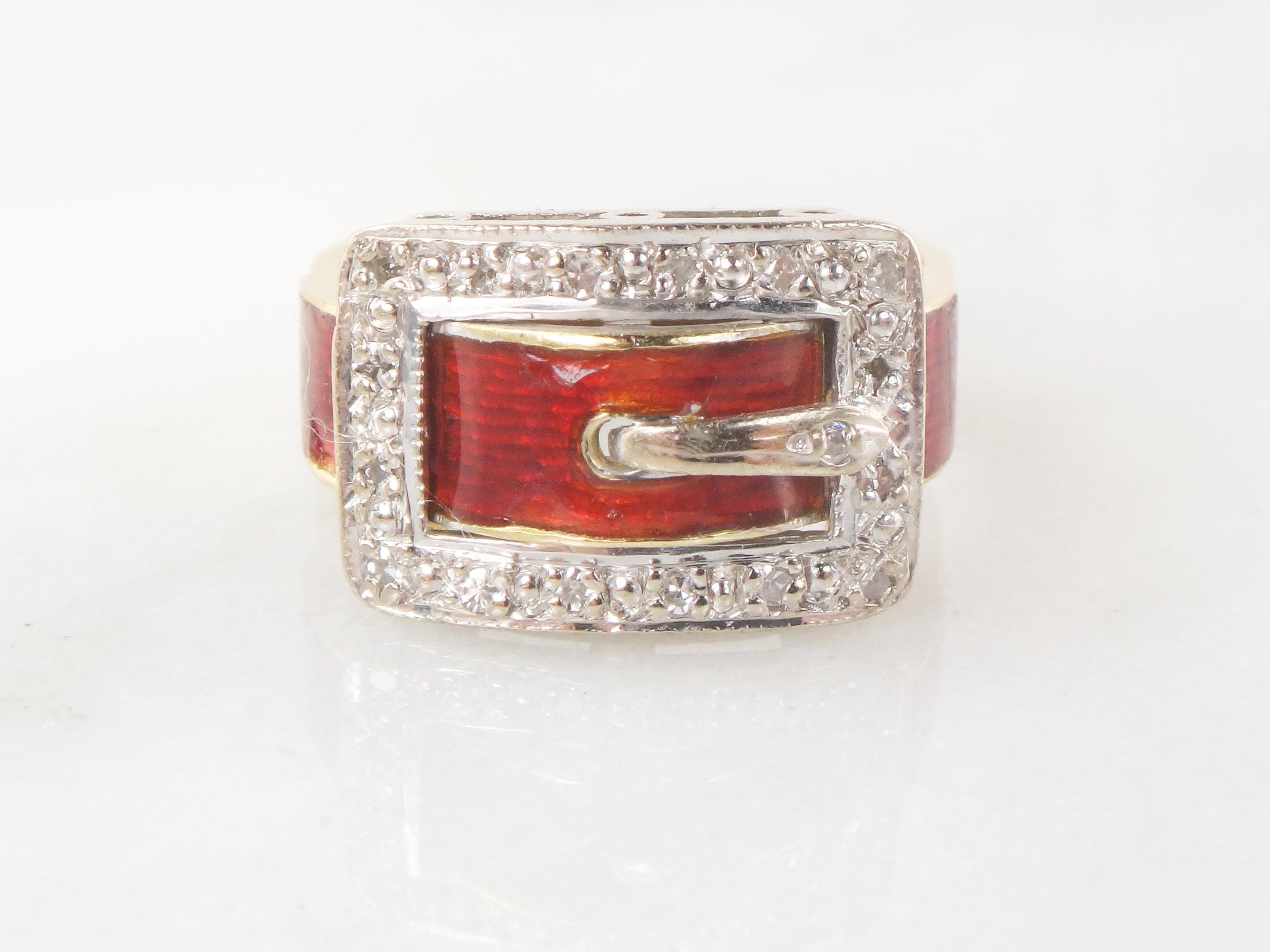 Vintage 18k Gold Diamond Buckle Ring: Red Enamel Wedding Band, Size 5.5