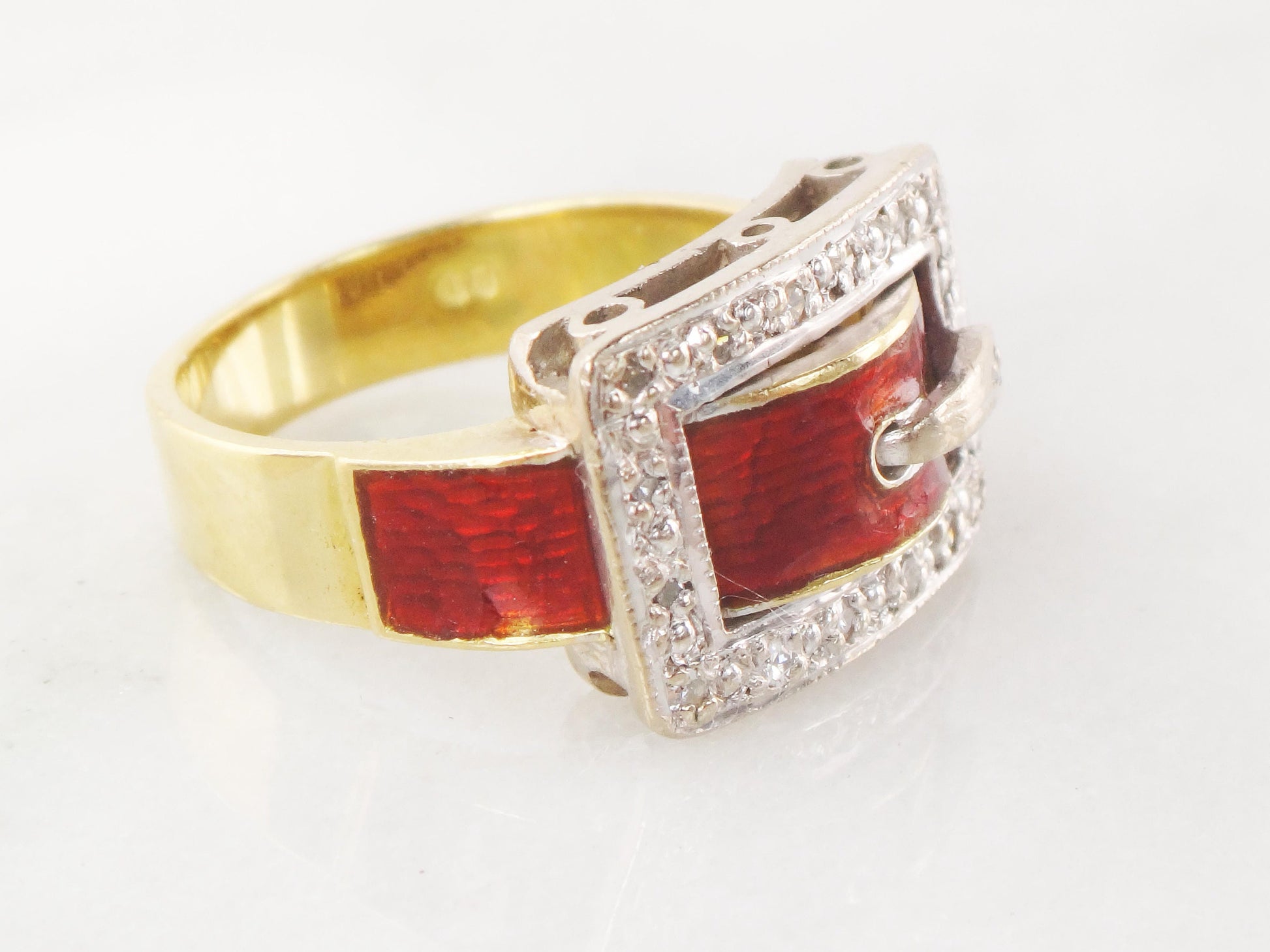 Vintage 18k Gold Diamond Buckle Ring: Red Enamel Wedding Band, Size 5.5