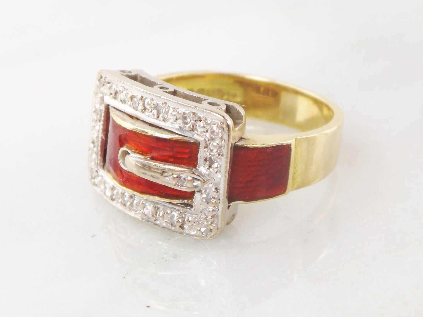 Vintage 18k Gold Diamond Buckle Ring: Red Enamel Wedding Band, Size 5.5