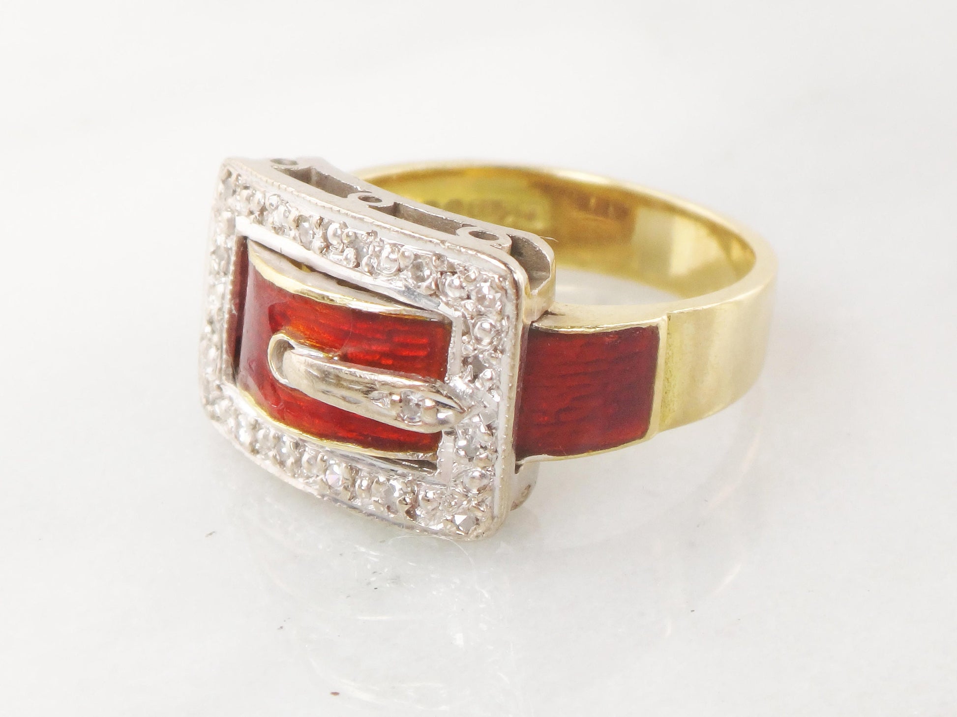 Vintage 18k Gold Diamond Buckle Ring: Red Enamel Wedding Band, Size 5.5