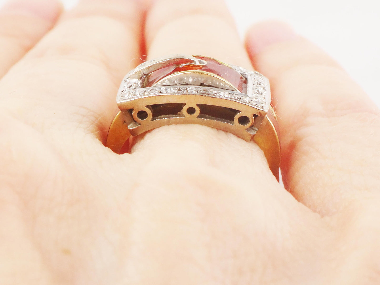 Vintage 18k Gold Diamond Buckle Ring: Red Enamel Wedding Band, Size 5.5