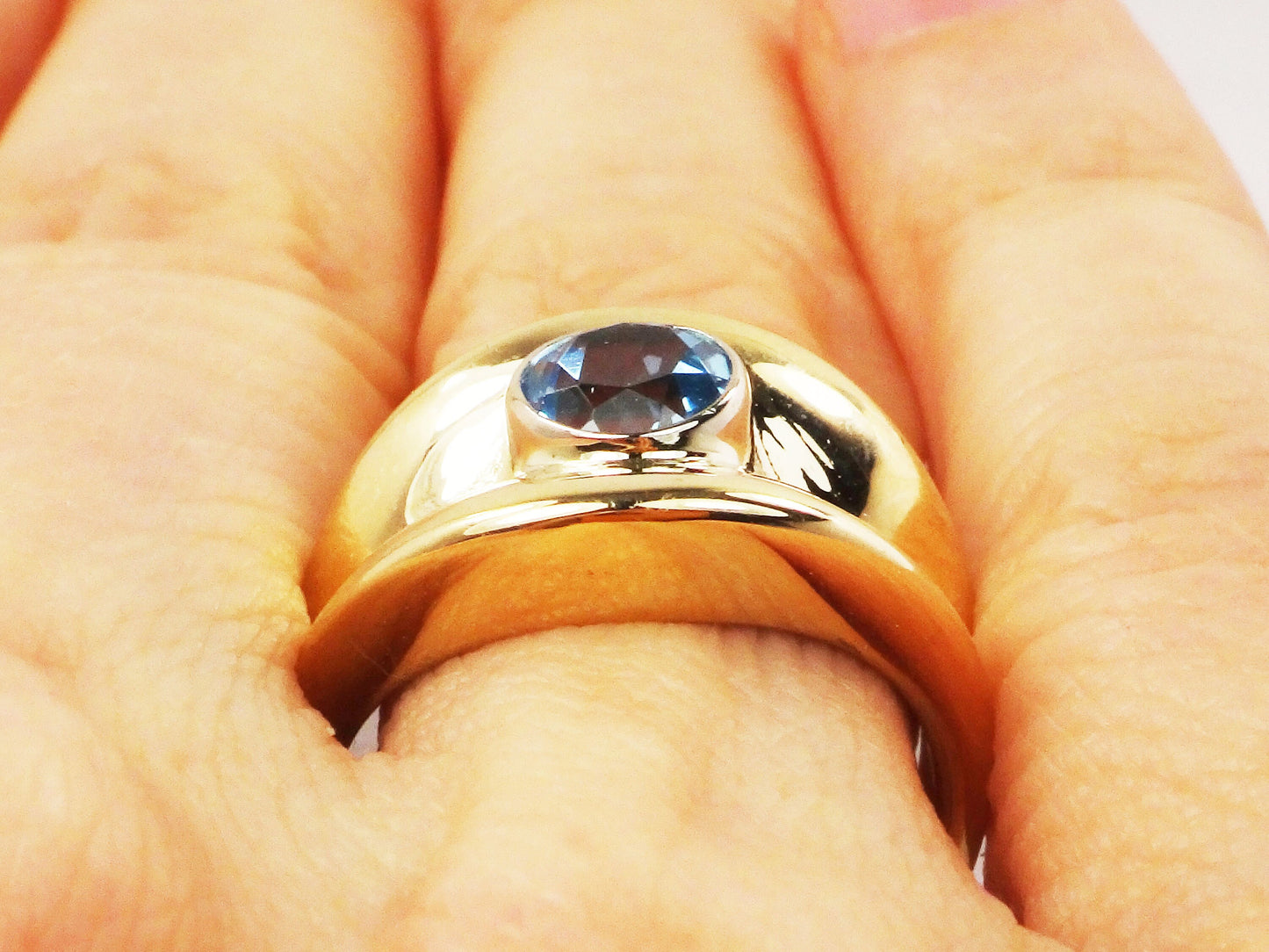 Vintage 14k Yellow Gold Blue Topaz Ring: December Birthstone Cigar Band