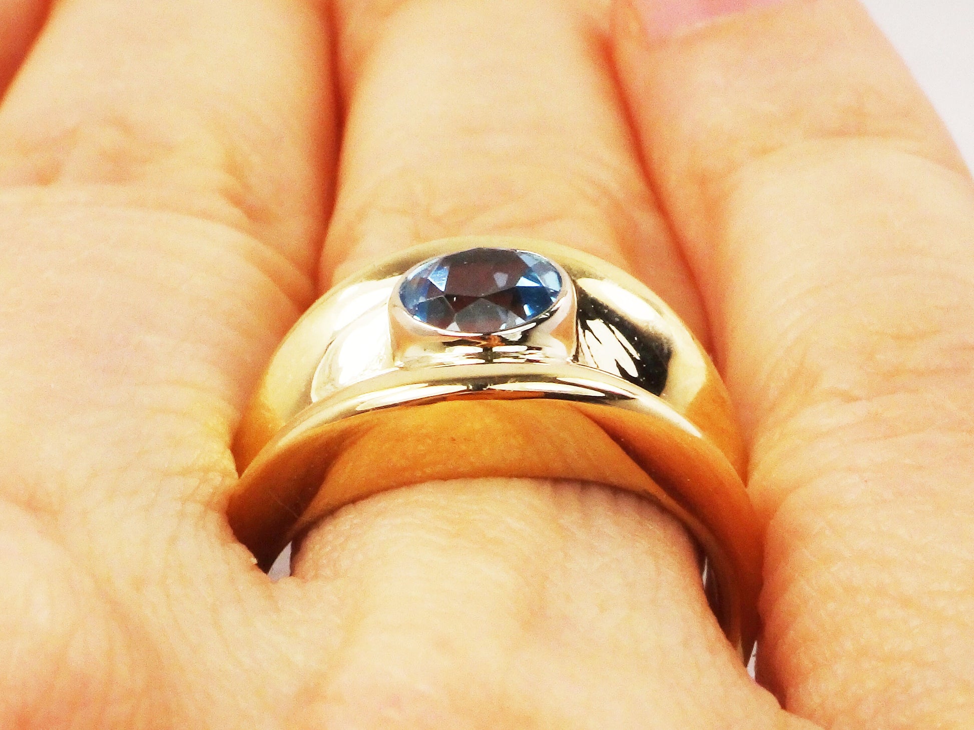 Vintage 14k Yellow Gold Blue Topaz Ring: December Birthstone Cigar Band
