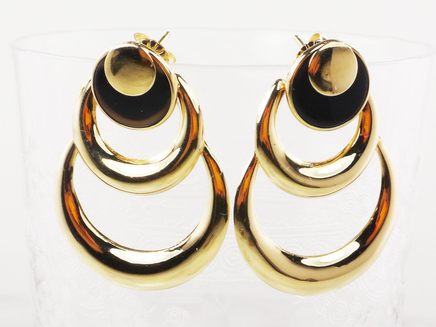 Vintage 14k Yellow Gold & Onyx Dangle Earrings - Circle Design - 1980s Fine Jewelry