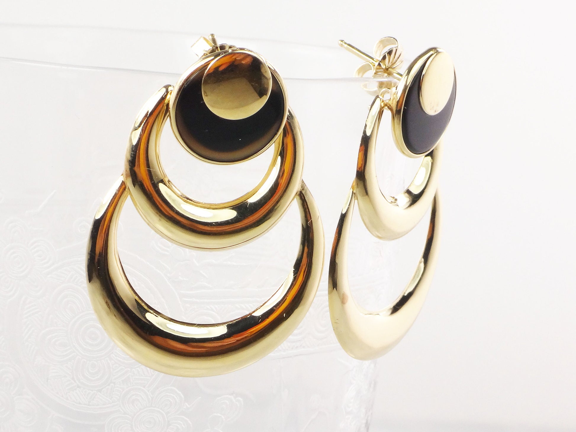 Vintage 14k Yellow Gold & Onyx Dangle Earrings - Circle Design - 1980s Fine Jewelry