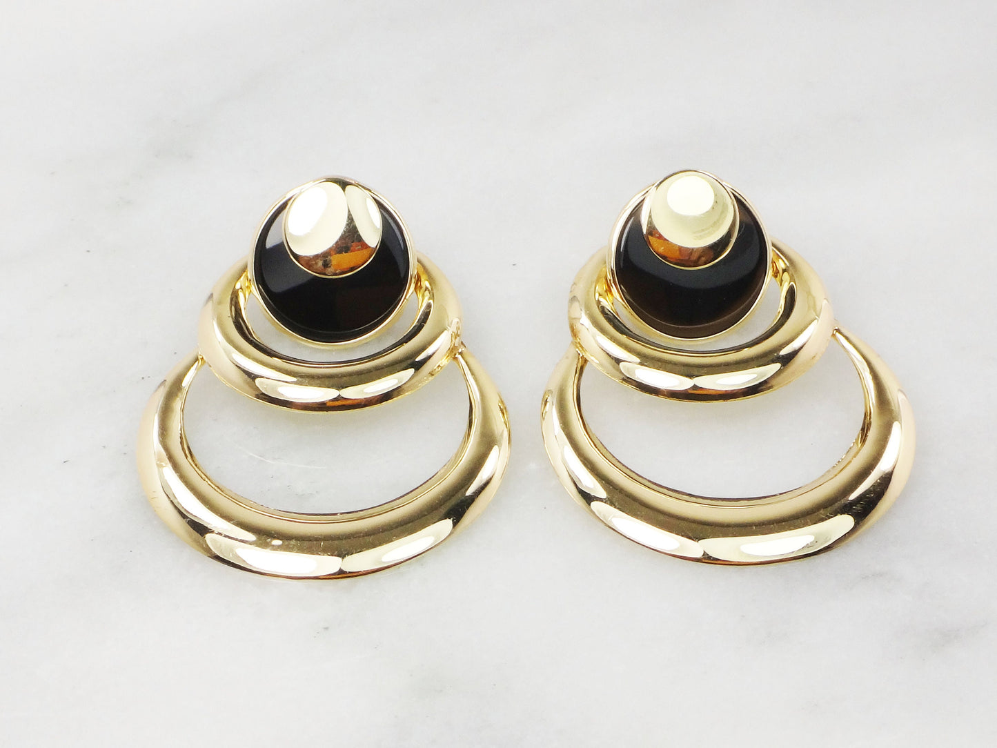Vintage 14k Yellow Gold & Onyx Dangle Earrings - Circle Design - 1980s Fine Jewelry