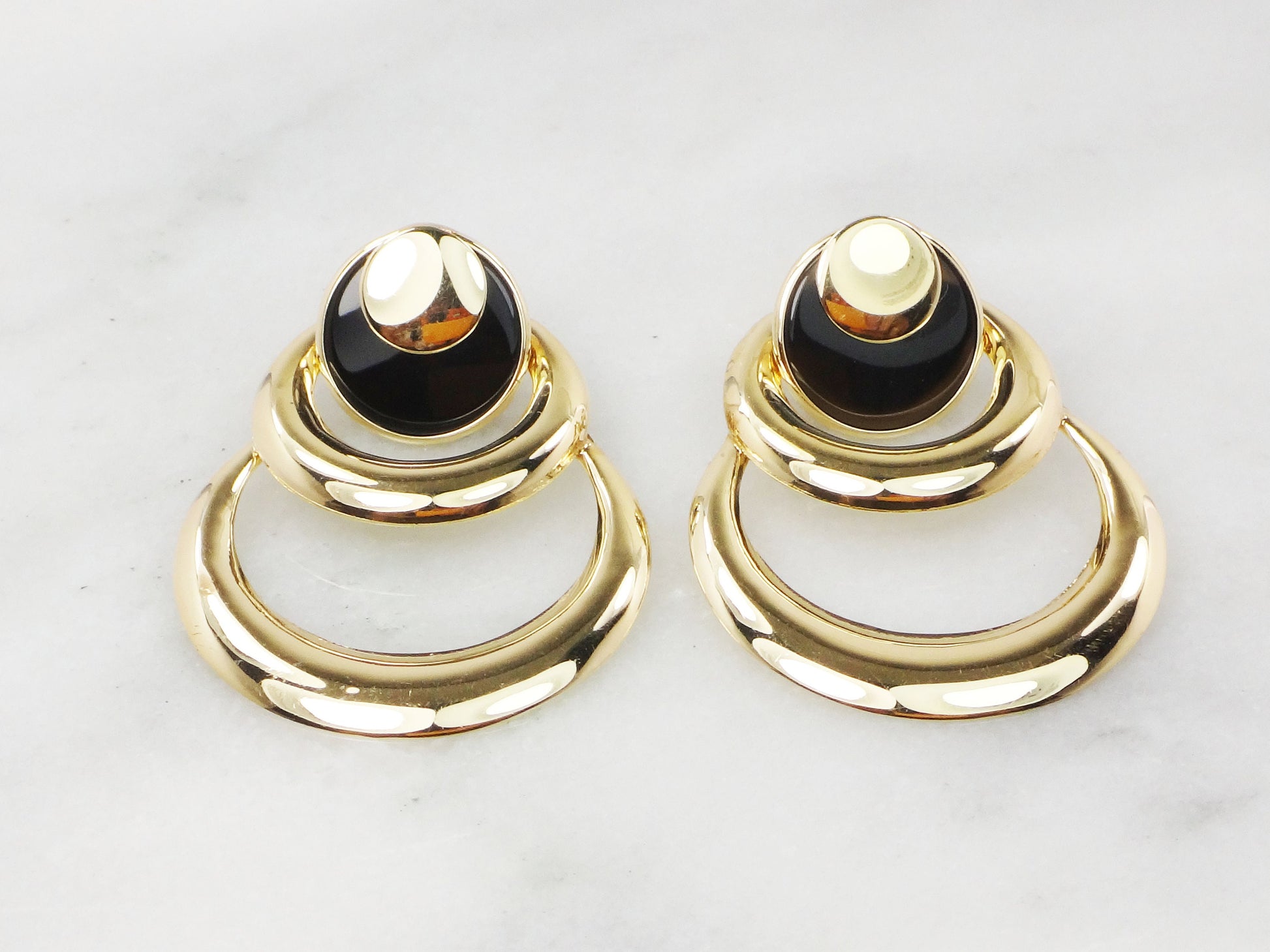 Vintage 14k Yellow Gold & Onyx Dangle Earrings - Circle Design - 1980s Fine Jewelry