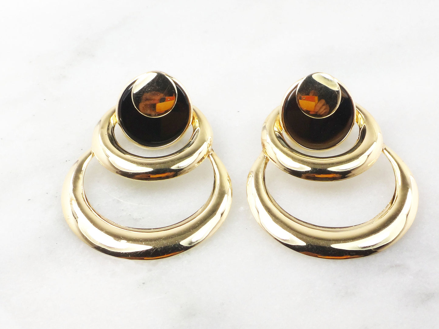 Vintage 14k Yellow Gold & Onyx Dangle Earrings - Circle Design - 1980s Fine Jewelry